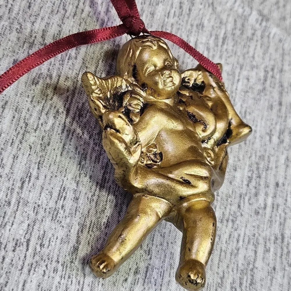 Vintage Christmas Ornament Angel Cherub Gold Finish Victorian Holiday Decoration